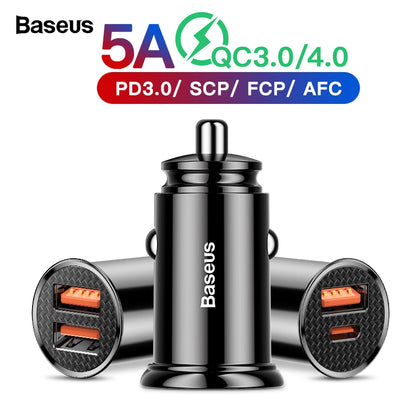 Baseus Quick Charge 4.0 3.0 USB Car Charger For iPhone Xiaomi Huawei SCP QC4.0 QC3.0 QC Type C PD Fast Car Mobile Phone Charger